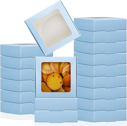 Zonon 30 Pcs Kraft Paper Boxes with Window 4.13 x 4.13 x 1.18 Inch Candy Packaging, Small Gift Boxes, Soap holder, Mini Treat Packaging for Bakery Chocolate Jewelry Display (Blue)