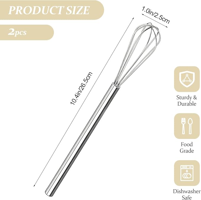 Stainless Steel Mini Whisk Set of 2 Long Handle Skinny Wire Whisk Kitchen Tool for Cooking Whisking Blending Beating Stirring Egg Sauce Coffee Prep Durable Compact Small Egg Beater