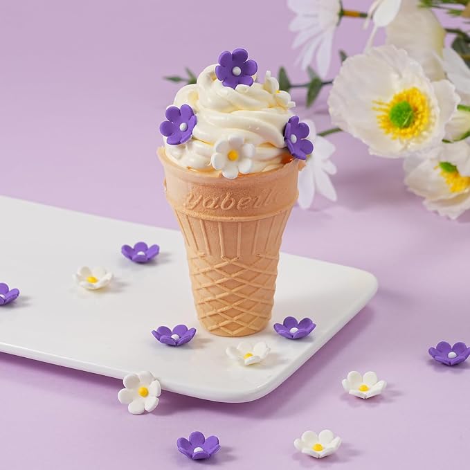 Edible Flowers Cake Decorations 32 Count White & Purple Blossoms Royal Icing Decorations Daisy Sugar Wedding Flowers for Baking Cupcakes Ice Cream Waffles Cookies Birthday Cake