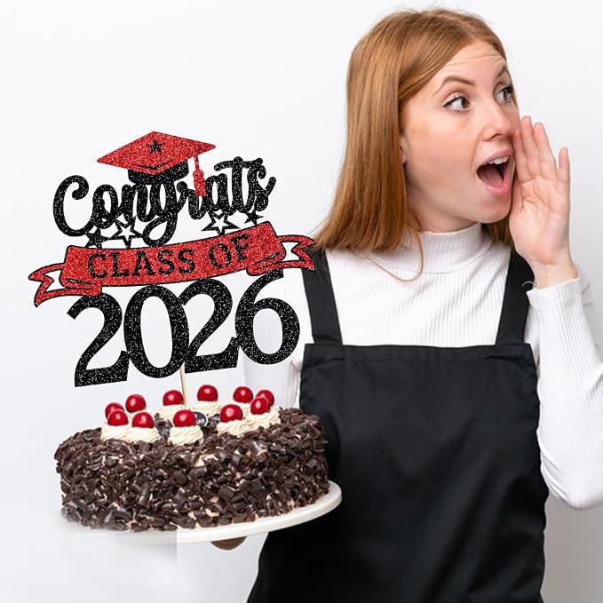 Glitter Class of 2026 Cake Topper，Congrats Grad Decorations， 2026 Happy Graduation High School/College/University Graduation Party Supplies Black and Red