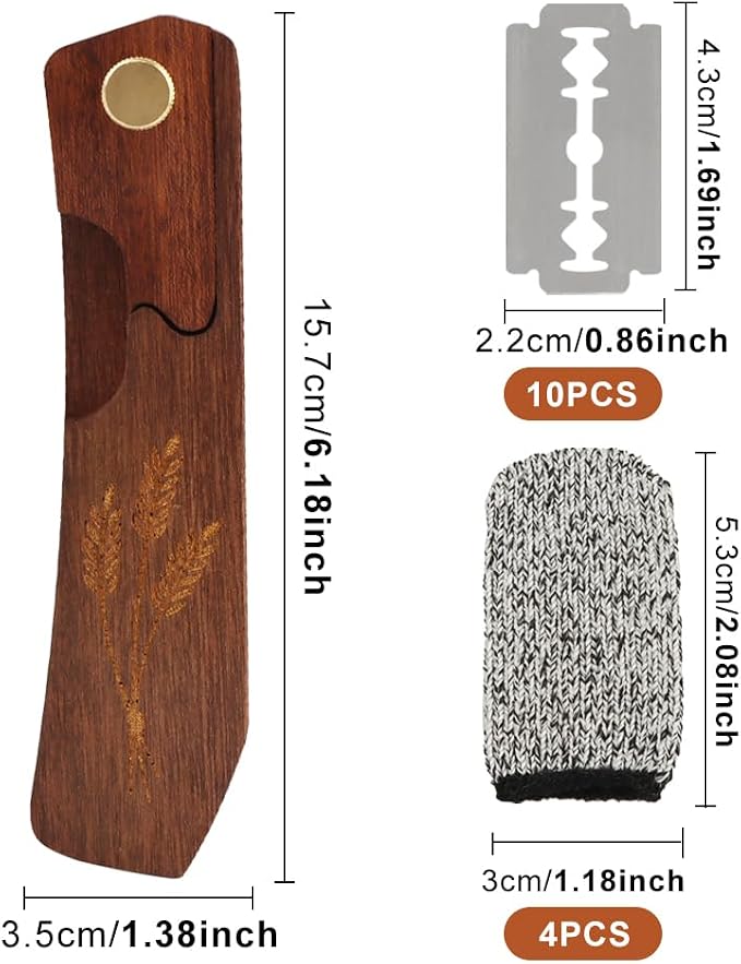 Wooden Bread Dough Scoring Lame, Upgraded Handcrafted Sourdough Bread Scoring Tool with 10 Pack Razor Blades and 4 Pcs Finger Cots, Professional Baking Accessory (Brown)