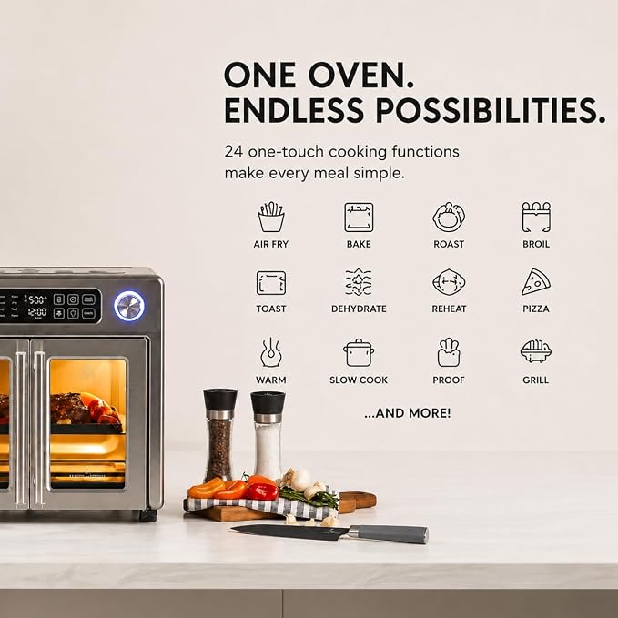 Emeril Lagasse Extra Large French Door Air Fryer Toaster Oven Combo, 24 Cooking Functions and Digital Controls, 7 Accessories Included, Stainless Steel Finish, 26QT Capacity