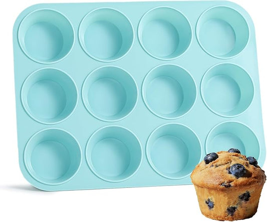 CAKETIME Silicone Muffin Pan, Regular Size 12 Cups Non Stick Cupcake Pan for Baking, Light Blue