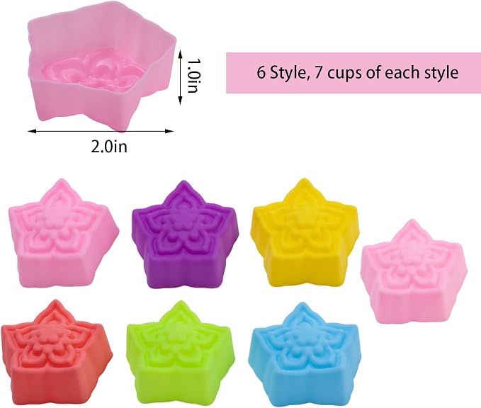 42 Pcs Silicone Cupcake Molds - Multi-Shape Non-Stick Baking Cups, Reusable and Washable for Cupcakes, Muffins, and Party Treats – 6 Stylish Flowers Designs (Style2)