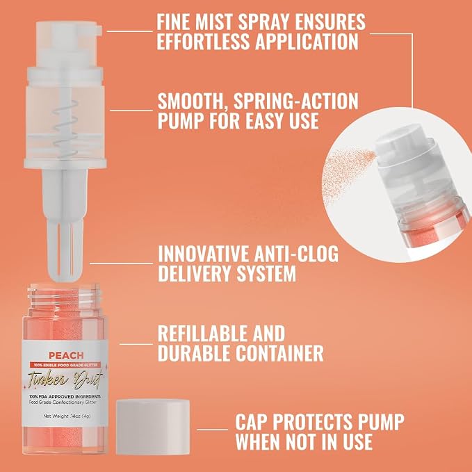 Bakell - Peach Tinker Dust (4g, 1x Mini Spray Pump) Edible Glitter for Food, Desserts, and Baked goods!