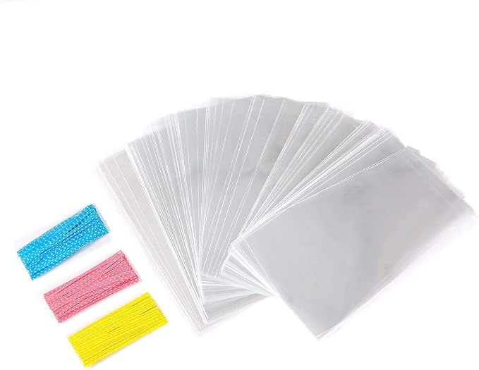 Brandon-super 100 Pcs 10x6 Inch Clear Flat Cello Cellophane Treat Bags Good for Bakery, Popcorn, Cookies, Candies, Dessert. Metallic Twist Ties!