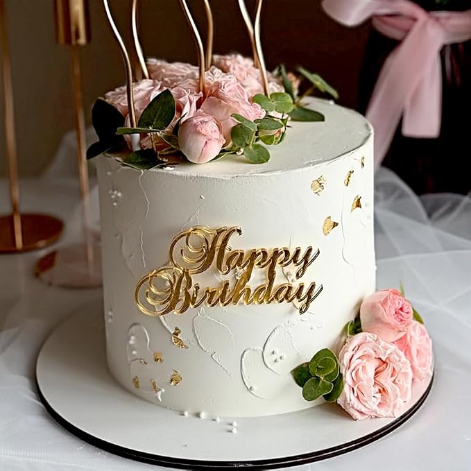 5Pcs Gold Acrylic Happy Birthday Cake Toppers Happy Birthday Sign for Cake Topper Decoration Supplies Party Celebration Toppers for Cakes Side Inserts Mirror Acrylic Glitter Cupcake Dessert Topper