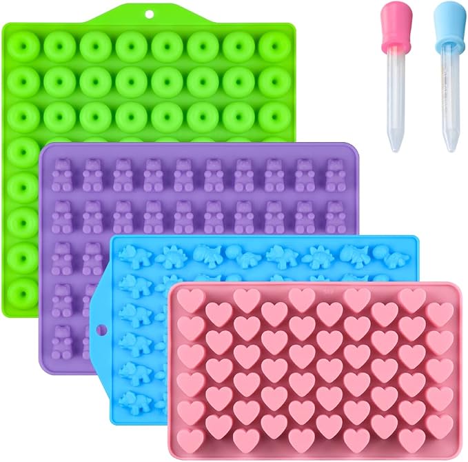 Gummy Molds, Bear Dinosaur Heart Mini Donut Silicone Gummy Molds with 2 Droppers, Pack of 4 Silicone Candy Mold