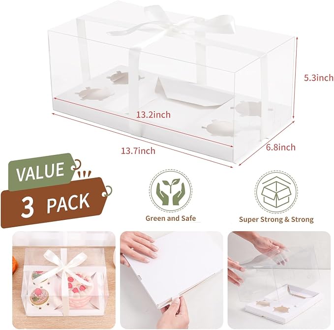 3Pcs Bento Cake Box and Cupcake 1+4 Combination Clear Window Bento Boxes, 6 Holes Bento Vake Box Suitable for 4 Regular Cupcakes and Mini Cakes