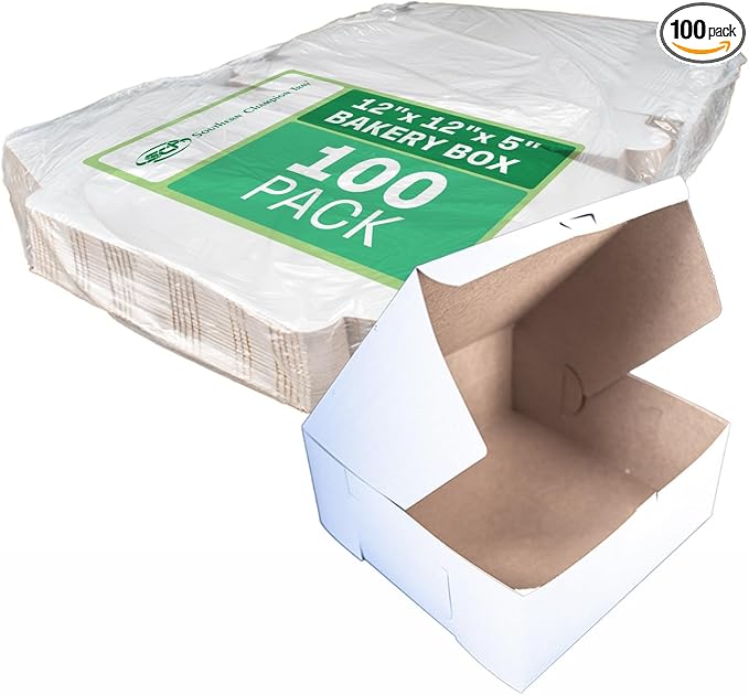 SCT White One-Piece Non-Window Bakery Boxes, 12 x 12 x 5, White, Paper, 100/Carton | White, Paper, Southern Champion 0987, Made in USA