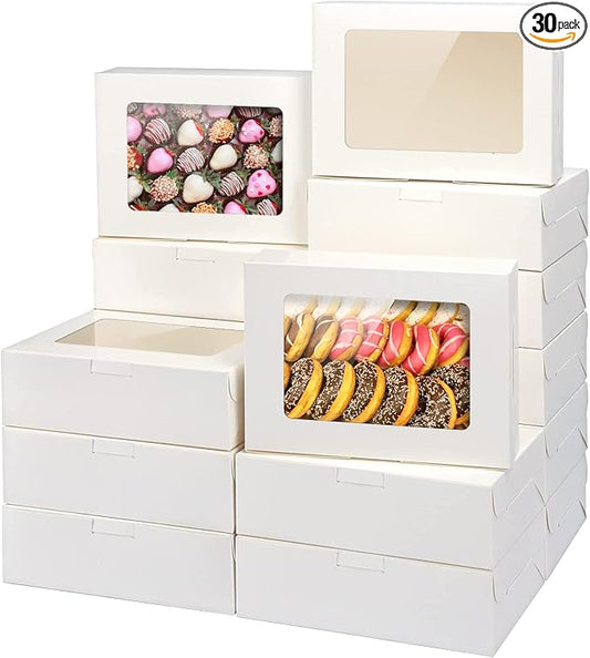 8x6x2.5In 30pcs White Cookie Boxes with Window, Pastry Boxes for Gift Giving, Treat Boxes for Donuts, Wedding Dessert, Valentine's Day, Women's Day, Mother's Day, and Holiday Gatherings.