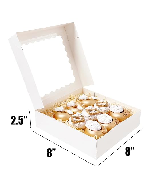 Bakepacker 55pcs White Pie Boxes 8x8x2.5 inches Easy Assemble Macaroon Bakery Boxes Cookie Boxes with Window for Bakery (Auto-pop Up)
