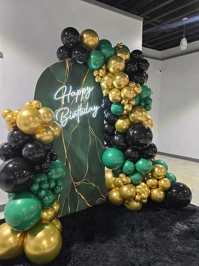 171Pcs Black Green Gold Balloons Garland Arch Kit - 18 12 10 5 Inch Different Sizes Forest Dark Green Black Gold Latex Balloon for Birthday, Anniversary, Jungle, Camo Army Party Decorations