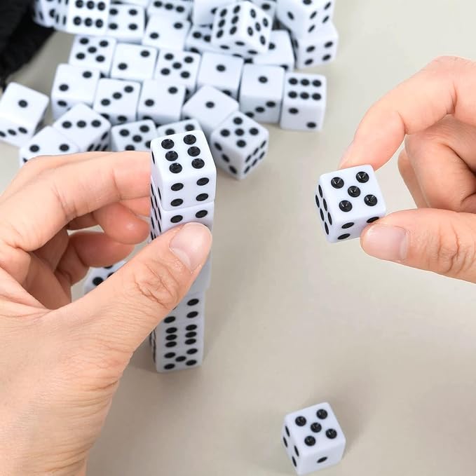 100 Pack 16MM White Dice - Six Sided Standard Opaque | Black Pips Dots, For Board Games, Group Event, Teaching Math