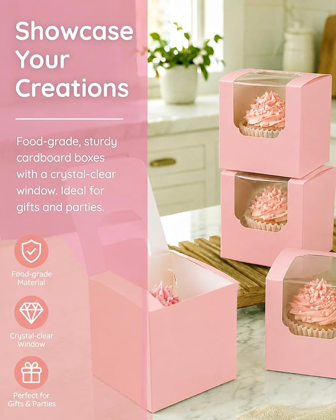 Bakepacker Auto-pop up Cupcake Boxes 100-Packs Individual Cupcake Container Pink 3.5" x 3.5" x 3.5" Single Cupcake Boxes