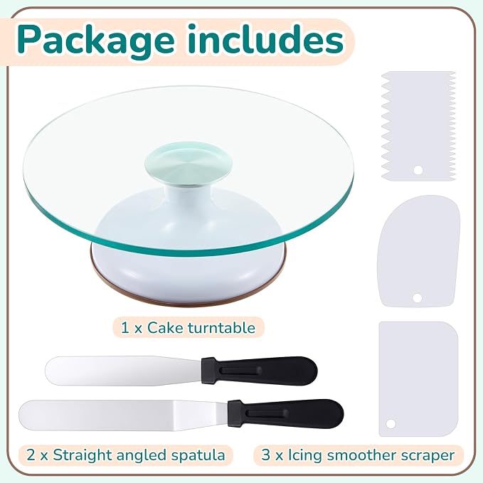 Willinglong 6 Pcs 12 Inch Cake Turntable Set Glass Rotating Cake Spinner Stand Decorating Supplies with 2 Aluminum Alloy Spatulas 3 Icing Smoother Scraper for Birthday Wedding Party Baking