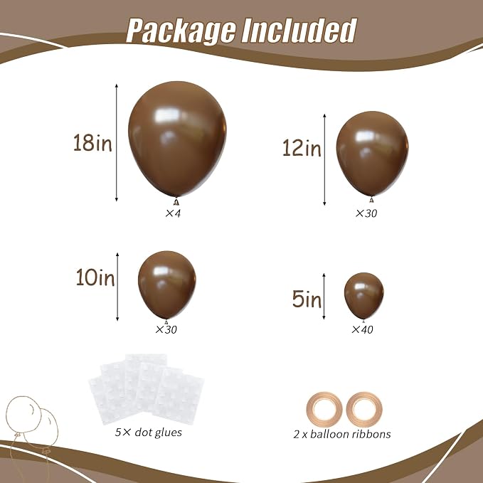 104pcs Dark Brown Balloons - 18/12/10/5 Inch Coffee Brown Neutral Latex Balloons Garland Arch Different Sizes for Boho Weddings, Bear Baby Showers, Thanksgiving Party Supplies
