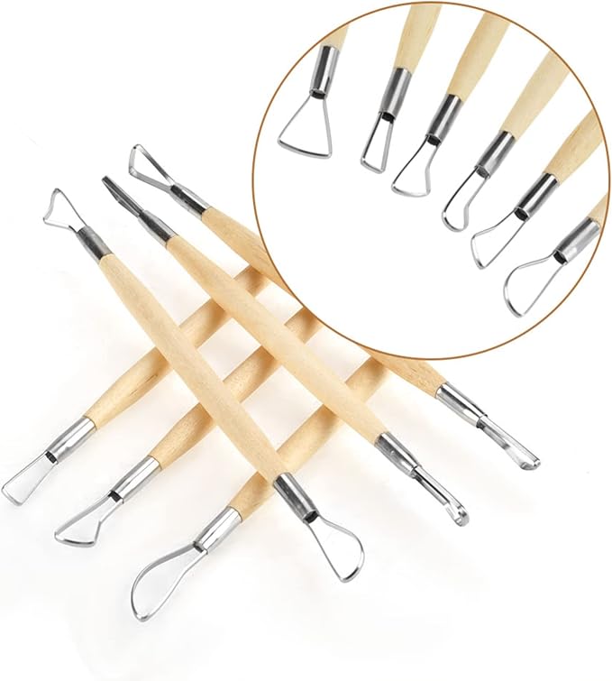 Culnflun Double Sided Clay Sculpting Tools, 6Pcs Wooden Handle Ribbon Clay Modeling Tools Ceramic Pottery Ribbon Sculpting Shaping Craft Kit for Fondant, Cake, Ceramic, Dough
