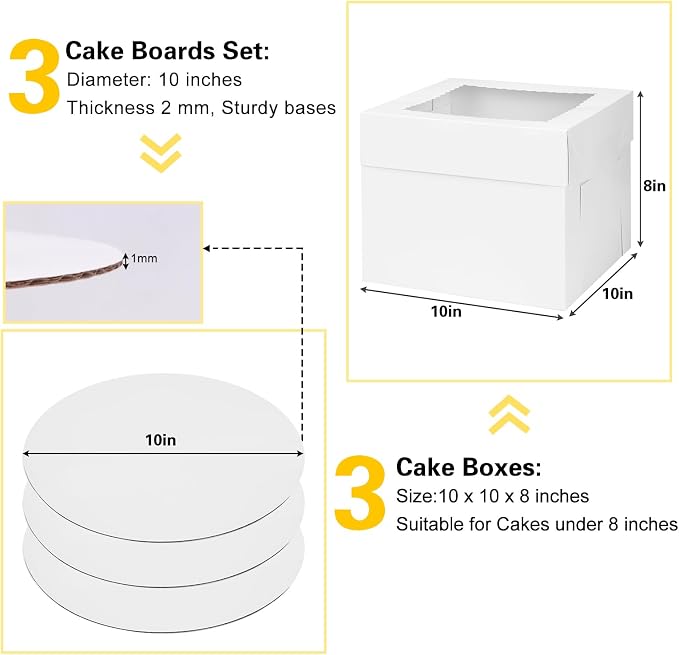 3 Pack Cake Boxes 10 Inch Tall Bakery Carrier with Boards (10x10x8 Inches) | Cost-effective cake boxes with boards which made of thick cardboard, easy to assemble and carry, suitable for birthdays