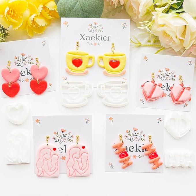 Mother’s Day Polymer Clay Cutters & Stamps Set - 12pcs Sharp & Durable Tea Cup, Cake, Heart, MOM & Silhouette Shapes for DIY Earring Jewelry Making, Soft Clay Crafts & Holiday Supplies
