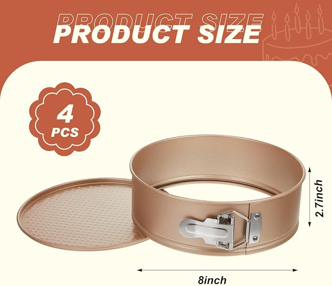 Funnymoom 4 Pcs 8 Inch Non Stick Springform Pan with Removable Bottom Carbon Steel Round Springform Cheesecake Pan with Stainless Steel Spring Buckles for Baking Kitchens Restaurant(Champagne Gold)