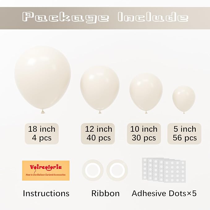 Voircoloria 130pcs White Sand Balloons Different Sizes 18" 12" 10" 5" Off White Party Latex Balloons for Birthday Baby Shower Graduation Wedding Gender Reveal Anniversary Party Decorations