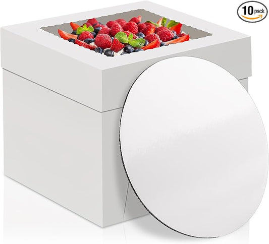 WINKIO Cake Box with Cake Boards, 10 Pack Disposable Cake Carrier, Cakes Transport Container, White Bakery Holder with Window (10, white, 10x10x8 Inches)