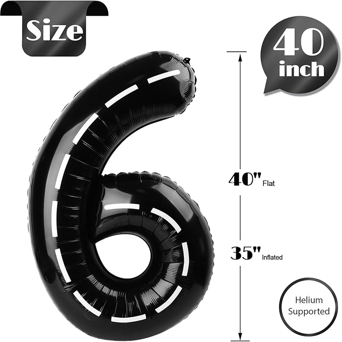 Race Car 6 Balloon, Number Balloons 40 Inch, 6th Black Balloons for Birthday Decorations, Black Race Party Decorations 6 Birthday Balloon, Number 6 Balloon
