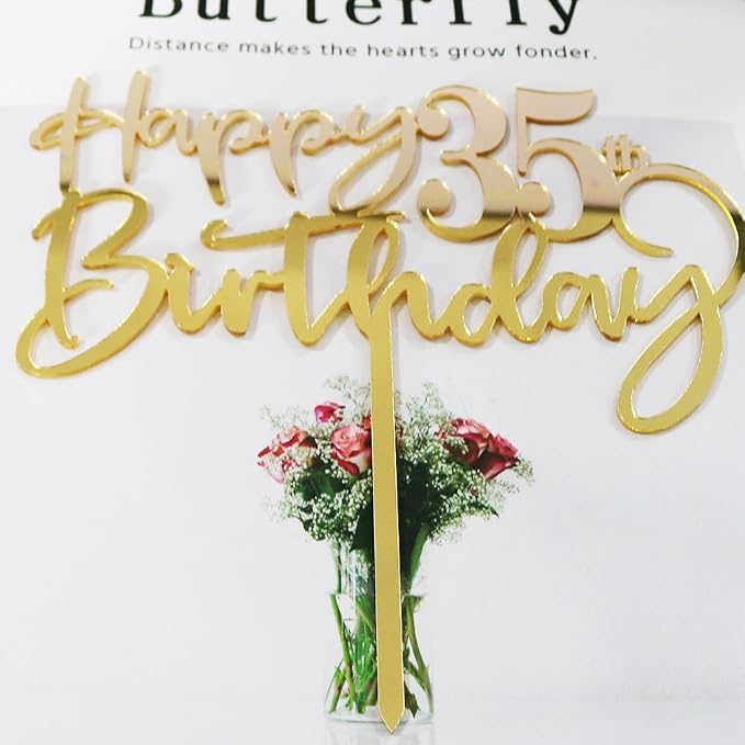 Happy 35th birthday cake Topper,Mirrored Gold Acrylic Durable Cake Topper,35th Birthday Party Cake Decorations,Hello 35th years old, Happy thirty-five years old, Birthday Party Decorations