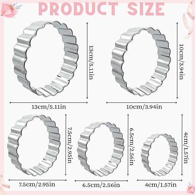 Round Cookie Cutter Set, 5 Pcs Wavy Edge Stainless Steel | Five round sizes with scalloped edges for cookies, biscuits, donuts, fondant, pastries and kitchen baking