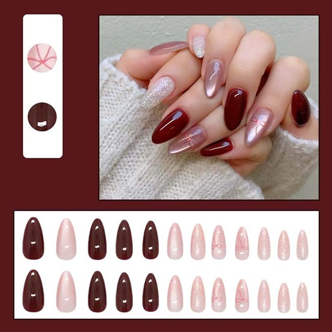 30Pcs Press on Nails Short Almond ZWENJIE Cat Eye Fake Nails Press ons Nail Tips Stick on Nails Glitter Tip Acrylic Nails Kit French False Nails with Red Blush Design Nail Art for Women Manicure