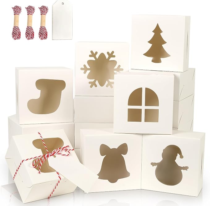 36 PCS White Bakery Boxes with Window, 4x4x2.5 Inch Christmas Cookie Boxes Small Christmas Treat Boxes Holiday Xmas Cake Box for Christmas Cupcakes, Cookies, Donuts Gift-Giving, Pastries