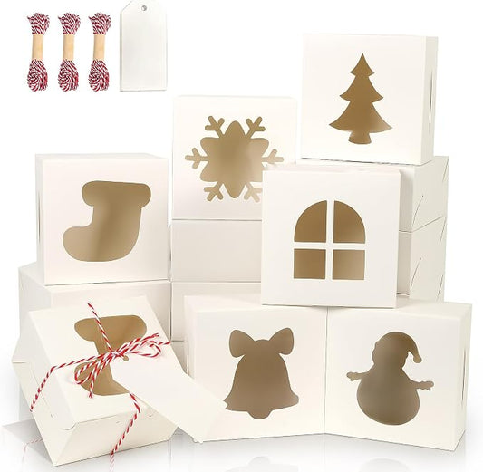 36 PCS White Bakery Boxes with Window, 4x4x2.5 Inch Christmas Cookie Boxes Small Christmas Treat Boxes Holiday Xmas Cake Box for Christmas Cupcakes, Cookies, Donuts Gift-Giving, Pastries
