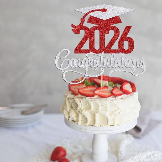 Silver-red 2026 Congratulations Graduation Cake Topper,Congrats Grad Cake Decor - 2026 High School/College/Senior Graduation Party Decorations Supplies