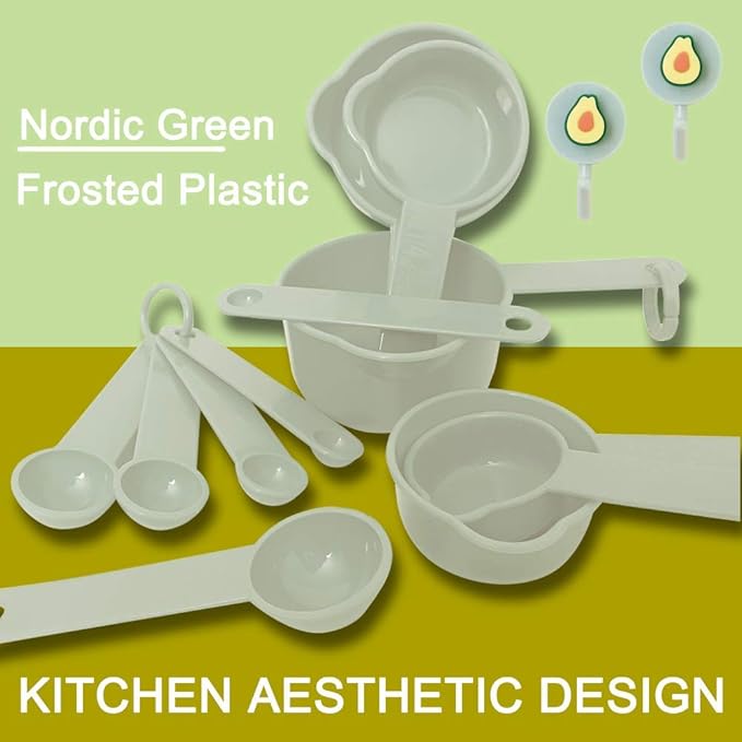 Measuring Cups and Measuring Spoons Set of 11pcs, Plastic, Nordic color Cups, Included 2 pcs Kitchen Tool Hook Up. (Green)
