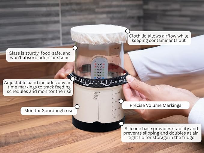 Pro Sourdough Starter Kit -37oz Wide Mouth Sourdough Starter Jar Kit for Bread - Large Glass Sourdough Jar, Feeding Band, Cloth Cover, Spatula & Thermometer–Best Sourdough Bread Kit for Beginners