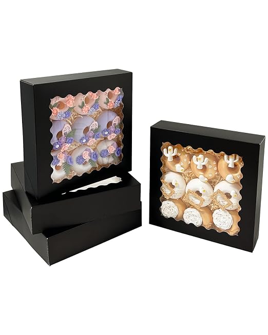 Bakepacker 90pcs Black Pie Boxes 8x8x2.5 inches Easy Assemble Macaroon Cookie Boxes Bakery Boxes with Window for Bakery (Auto-pop Up)