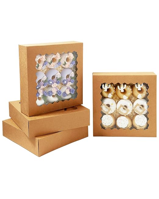 Bakepacker 36pcs Brown Pie Boxes 9x9x2.5 inches Easy Assemble Macaroon Cookie Boxes Bakery Boxes with Window for Bakery (Auto-pop Up)