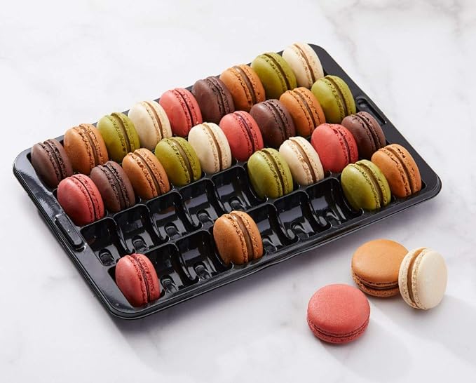 Pastry Chef's Boutique Clear Plastic Closeable French Macaron Boutique Storage Display Trays - 6 Sets - Each Box Holds 36 Macarons - Black Bases