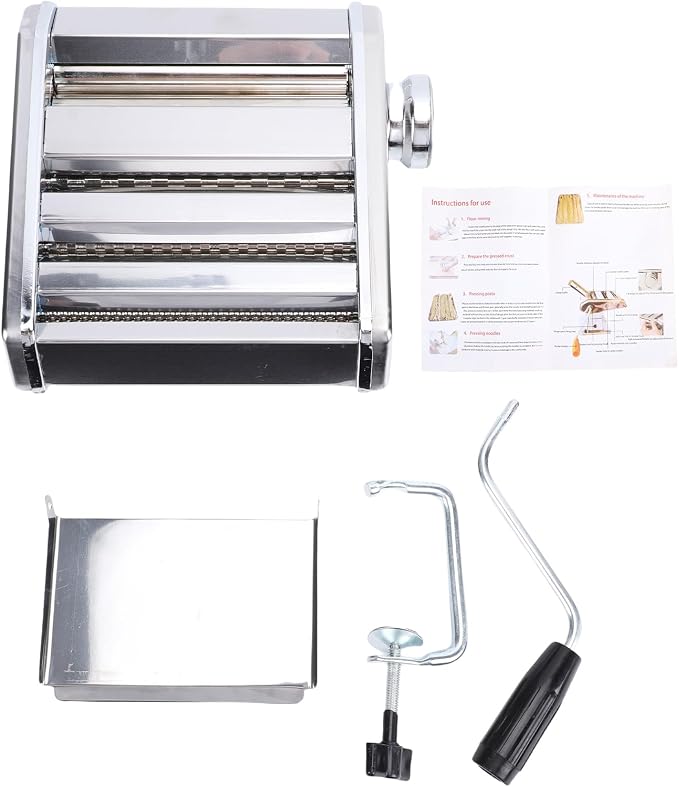 Home Manual Dough Presser, Stainless Steel Noodle Maker Machine, Dumpling Wrapper Press with 6-Thickness Settings (0.6-4.8mm), 3 Noodle Widths (2mm/6mm/9mm), Noodle Cutter for Kitchen