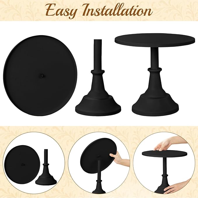 HBlife 3-PCS Black Cake Stand Set (8"/10"/12" Plate) for 6-10 Inch Cakes, Perfect Dessert Table Display Set, Cupcake&Cake Stands for Halloween, Black and Gold Party Decorations (Metal)
