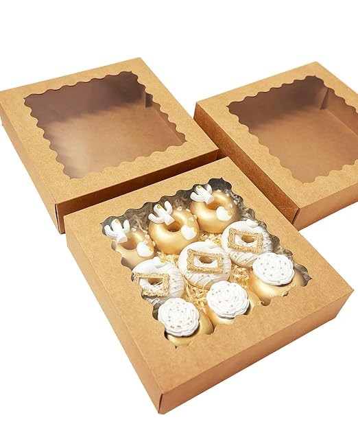 Bakepacker 240pcs Brown Pie Boxes 8"x 8"x 2.5" Easy Assemble Macaroon Cookie Boxes Bakery Boxes with Window for Bakery (Auto-pop Up)