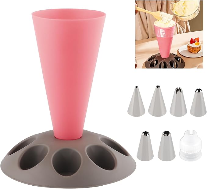 Piping Bag Holder Stand for Filling, Pastry Bag Stand with 8 Slots Nozzles, Plastic Pastry Bag Stand for Cake Decorating, Baking Accessories (Hot Pink)