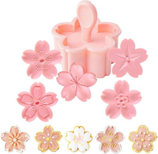 Crethinkaty 5 Styles Cookie Mold Stampers Cherry Blossom Pastry/Stamper Pink Cherry Blossom Shape Flower Hand Pressure Pastry Tool Fondant Cutters Set for Baking