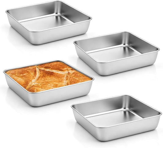 Leonyo Stainless Steel 8x8 Baking Pan, 4 Pack Metal 8IN x 8IN Square Cake Pans, Commercial Brownie Pans Baking Dish for Cornbread, Banana Bread, Lemon Bars, Dishwasher Safe