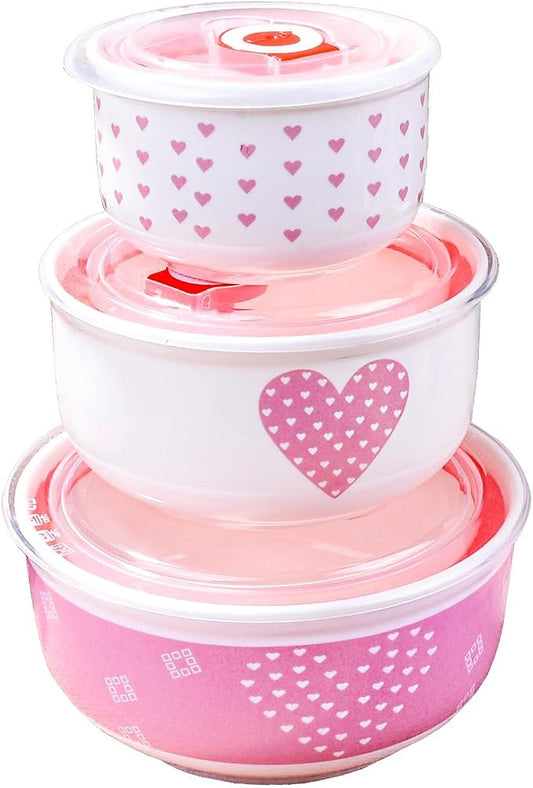 Pink Heart Ceramic Nesting Food Storage Bowls with Lids, Set of 3, Cute Mixing Bowls for Meal Prep, Serving, and Storage, Microwave & Dishwasher Safe
