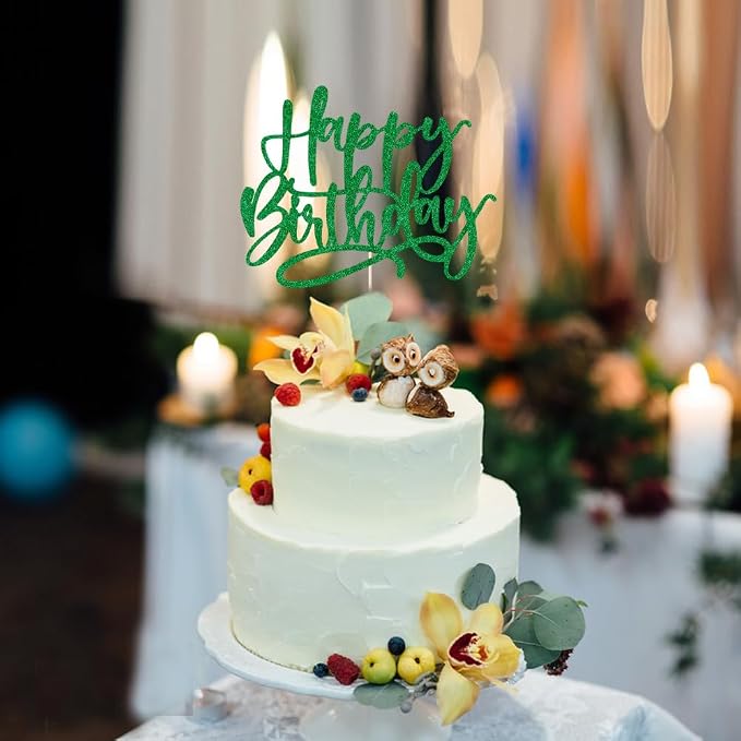 Kaoenla Happy Birthday Cake Topper, green Glitter For Anniversary & Birthday Cake Decoration