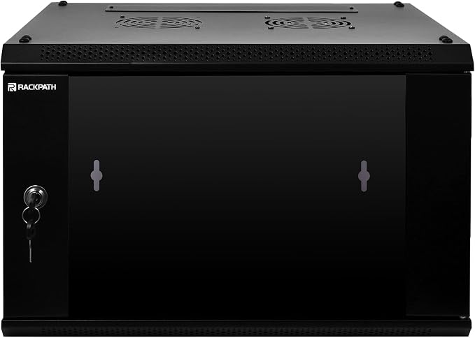 RackPath 6U Wall Mount Network Rack Cabinet – Quiet Cooling Fan, Locking Glass Door, 17.7" Deep (450mm), Removable Locking Side Panels, Fits 19" IT & A/V Equipment