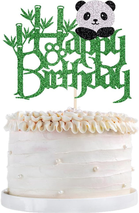 Panda Happy Birthday Cake Topper-Black Panda Bear Bamboo Birthday Cake Decoration Jungle Animals Theme Baby Shower Cake Decoration，Boys Girls Birthday Party Decoration Supplies