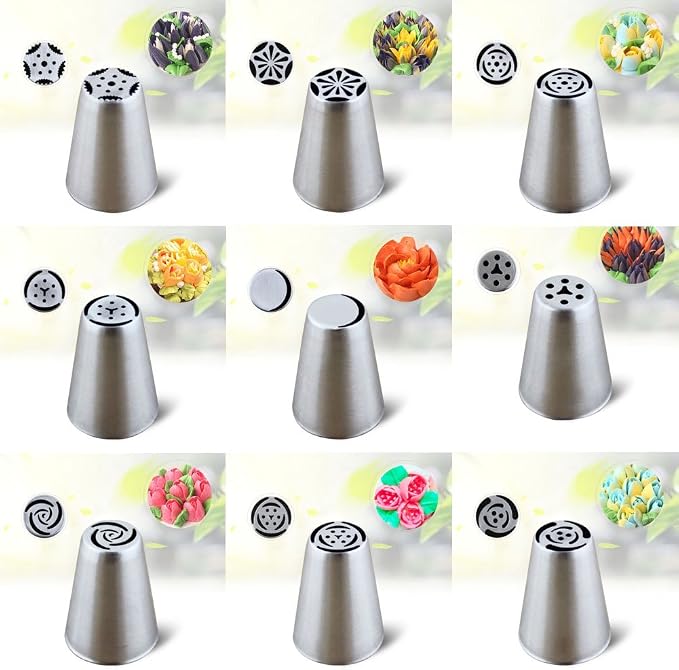 Russian Piping Tips 26 pcs-14 icing Nozzel (2 leaf Tips)+10 Baking Pastry Bags+2 Couplers Frosting Tips Set (26 pcs)